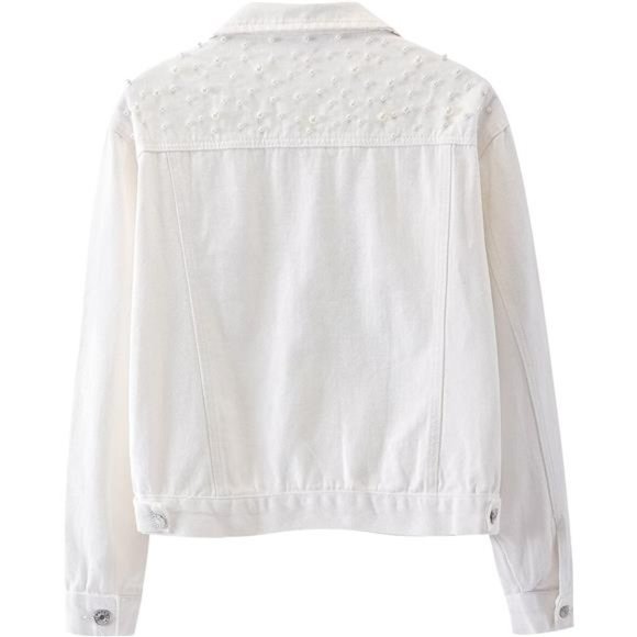 Women Oversized Denim Jacket Embroidered Pearls Beading Jeans Coat C-white - Picture 3 of 6